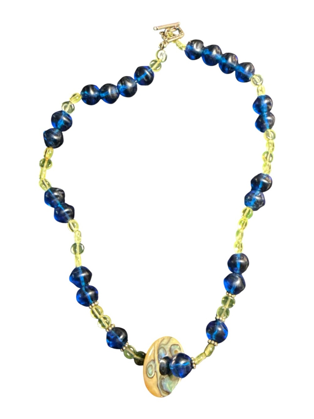 Artisan Blue Green Glass Bead Shell Pendant Necklace 17”